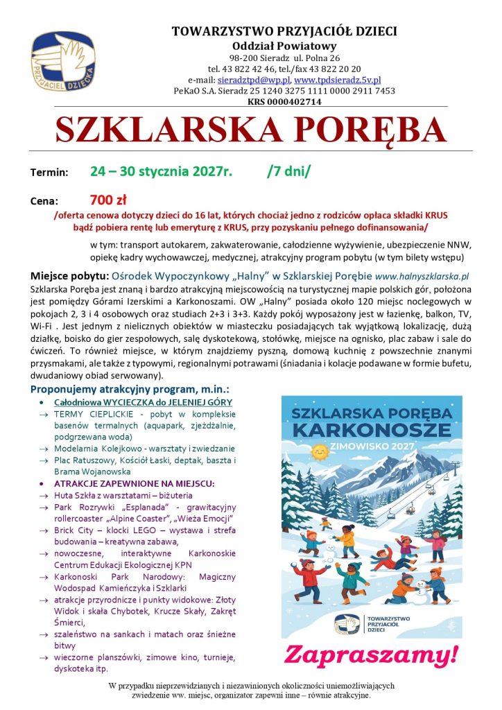 Plakat zimowiska – cena dla rodzin z KRUS